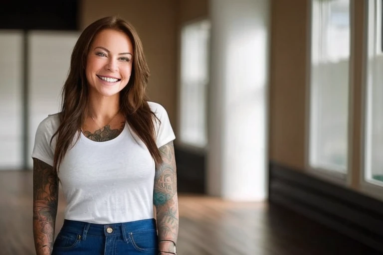 portrait of a woman, natural smile, happy, long brown hair, blue eyes, tattoos on both arms, wearing jeans and a T-shirt