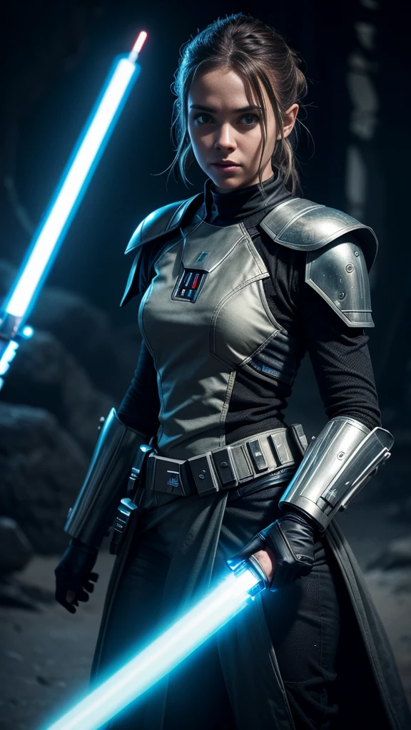 a female jedi in star wars, holding a glowing lightsaber, detailed face, beautiful eyes, long eyelashes, detailed intricate armor, sci-fi, epic, cinematic lighting, dramatic shadows, high contrast, vibrant colors, 8k, hyper detailed, masterpiece