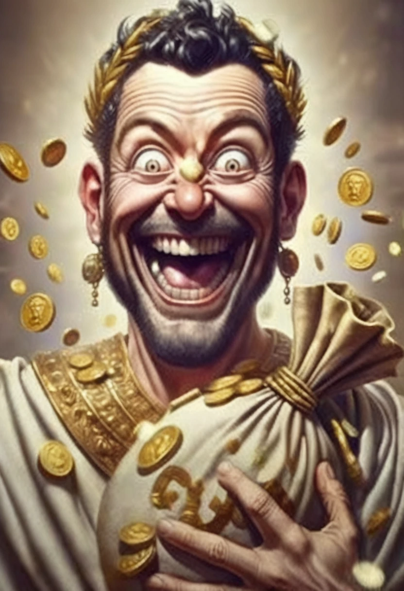 a close-up of a man holding a bag of money with coins sticking out of it, personification of greed, mocking Roman legionary, by Pogus Caesar, inspired by Pogus Caesar, inspired by Caesar van Everdingen, whoa, Beware the Ides of March, avatar image, portrait of hide the pain harold, insane smile