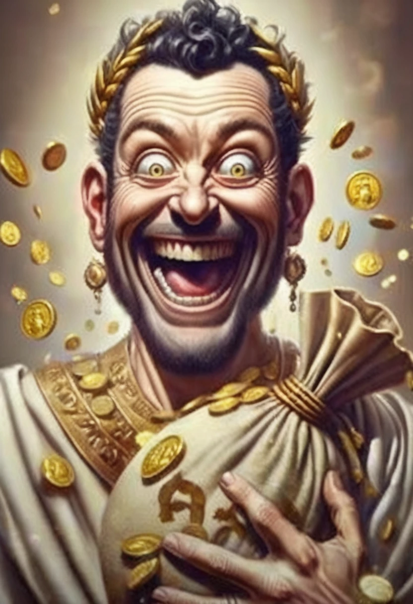 a close-up of a man holding a bag of money with coins sticking out of it, personification of greed, mocking Roman legionary, by Pogus Caesar, inspired by Pogus Caesar, inspired by Caesar van Everdingen, whoa, Beware the Ides of March, avatar image, portrait of hide the pain harold, insane smile