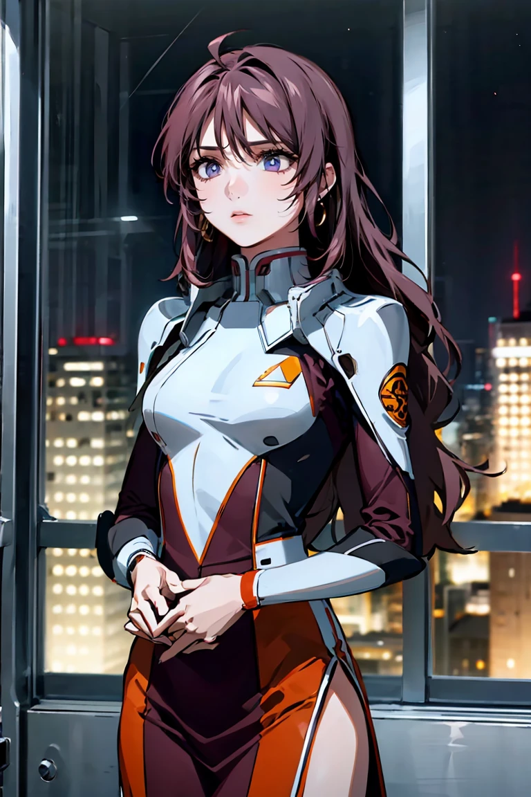 「A 20-year-old young female pilot、Height: 165cm、(Long Wavy Hair, Blue and orange split color:1.6, Deep purple eyes)。With skin as white as porcelain、His calm and intelligent expression exudes kindness.。Wearing an elegantly designed futuristic suit、Silver and purple accents。A shiny bracelet on his left wrist、She has a small earring in her right ear.。The background is a futuristic cityscape seen from a room in a high-rise building.、Outside the window, the night city spreads out。In a standing position、Hold the window frame lightly with one hand、Gazing into the distance。He exudes an air of keen intelligence and deep compassion.。」Perfect Anatomy