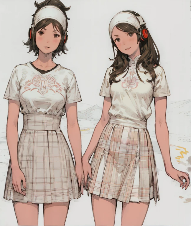 Two girls. First girl in right, tan skin, black eyes, black hair with medium hair with bangs with headphones. Second girl in left, long black hair in ponytail with no fringes, black eyes, fair skin.