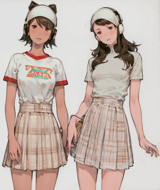 Two girls. First girl in right, tan skin, black eyes, black hair with medium hair with bangs with headphones. Second girl in left, long black hair in ponytail with no fringes, black eyes, fair skin. 