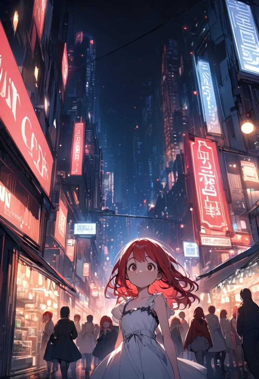 young girl(Red hair, freckles, big eyes,), dress, night, city