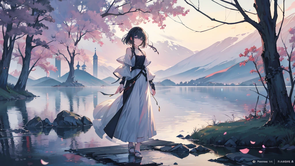 An anime girl standing prominently at the edge of a tranquil lake at dawn, with the first light of morning reflecting off the calm water. She is in the foreground, her expression a mix of sorrow and determination clearly visible. In her hands, she holds a delicate, broken mask, symbolizing the lies and deceit she has uncovered. The background shows a serene landscape with mist rising from the lake, trees silhouetted against the early morning sky, and distant mountains just beginning to catch the light of the rising sun. Around her feet, there are scattered petals and torn pages, remnants of the false promises and stories she has left behind. The overall mood is one of quiet strength and new beginnings, with soft, natural lighting highlighting her figure and the emotional transition from darkness to hope.
