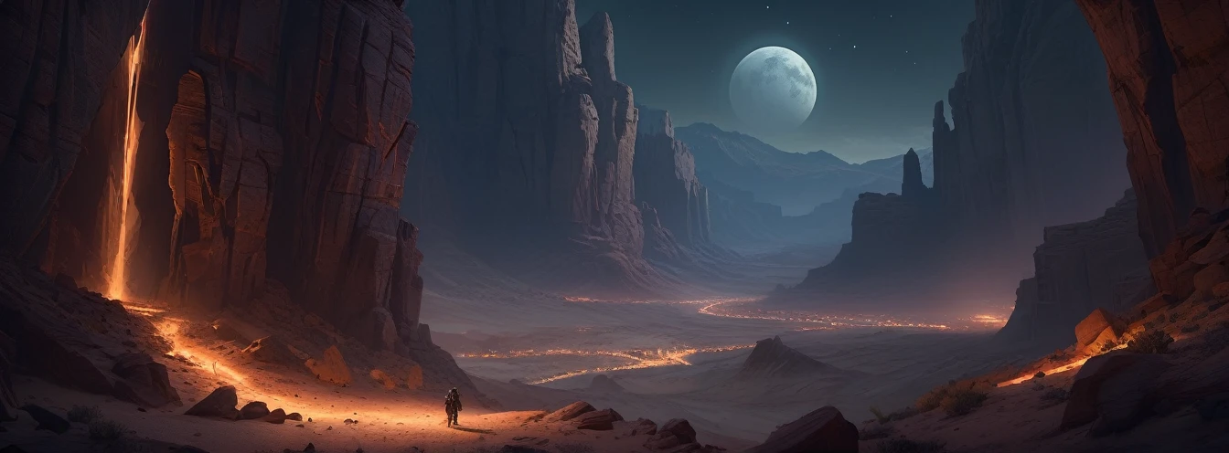 Desert Canyon, Dark Fantasy, night, Octane Rendering, complex, (best quality, masterpiece, representative work, Official Art, professional, Unity 8K wallpaper), (author：Noah Bradley:1.2)