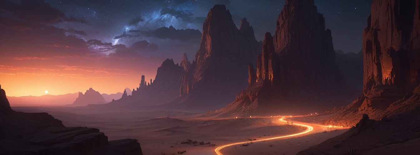 Desert Canyon, Dark Fantasy, night, Octane Rendering, complex, (best quality, masterpiece, representative work, Official Art, professional, Unity 8K wallpaper), (author:Noah Bradley:1.2)