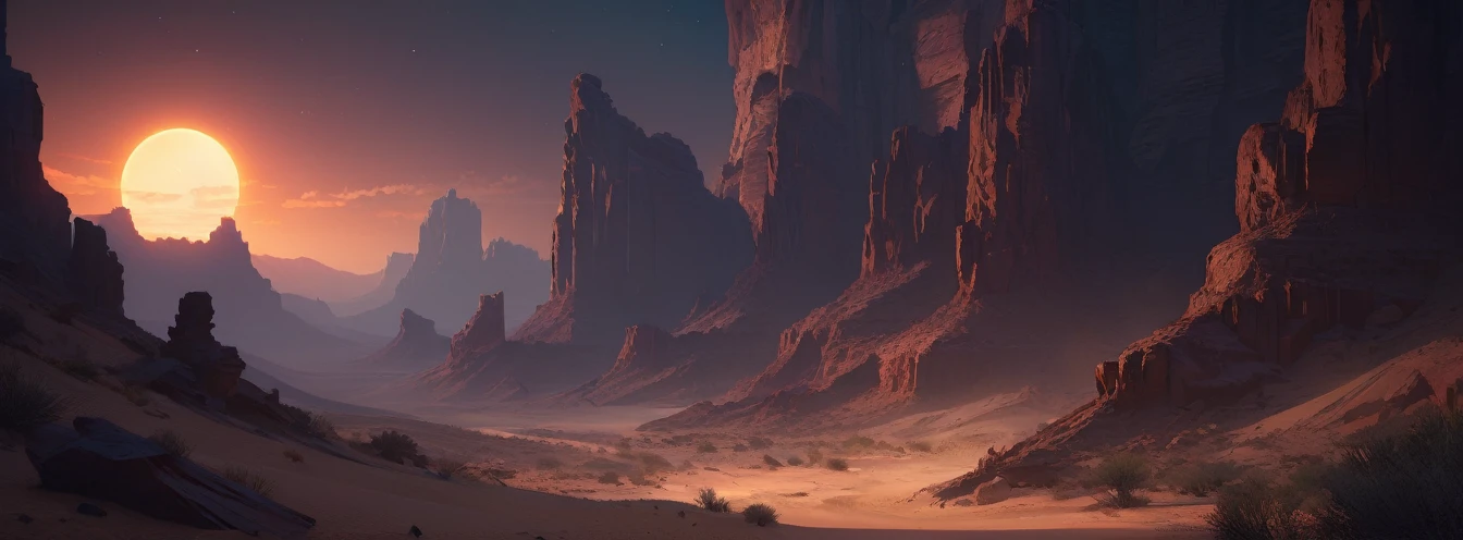 Desert Canyon, Dark Fantasy, night, Octane Rendering, complex, (best quality, masterpiece, representative work, Official Art, professional, Unity 8K wallpaper), (author：Noah Bradley:1.2)