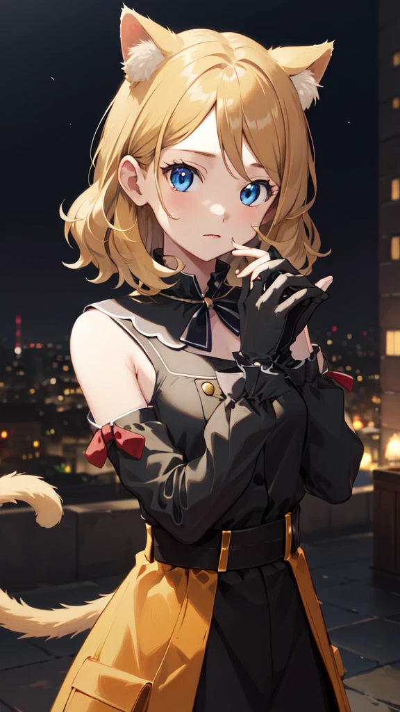 gonzarez, masterpiece, Serenaj, 1girl,l solo,
blue eyes, blonde hair, medium hair, open eyes, background, cat girl, cat girl outfit , cat girl gloves, Cute face, 4k , cat ears, cat tail
