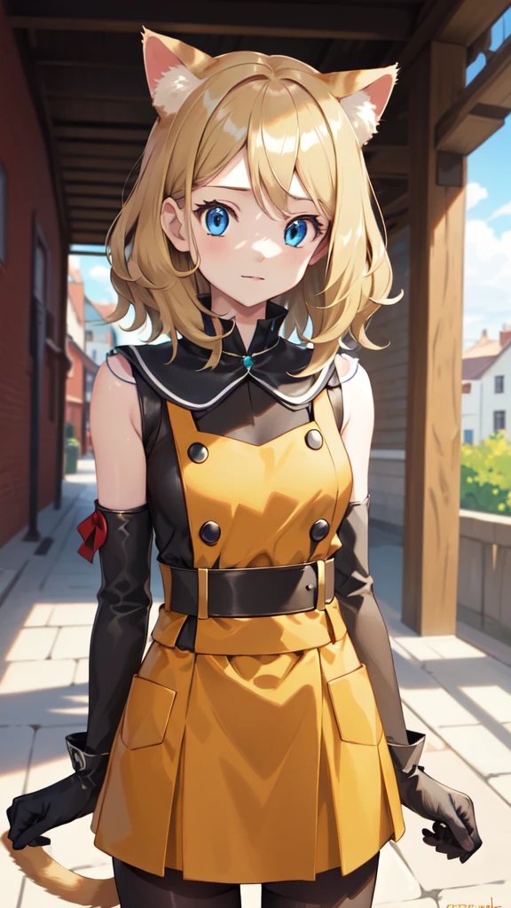 gonzarez, masterpiece, Serenaj, 1girl,l solo,
blue eyes, blonde hair, medium hair, open eyes, background, cat girl, cat girl outfit , cat girl gloves, Cute face, 4k , cat ears, cat tail