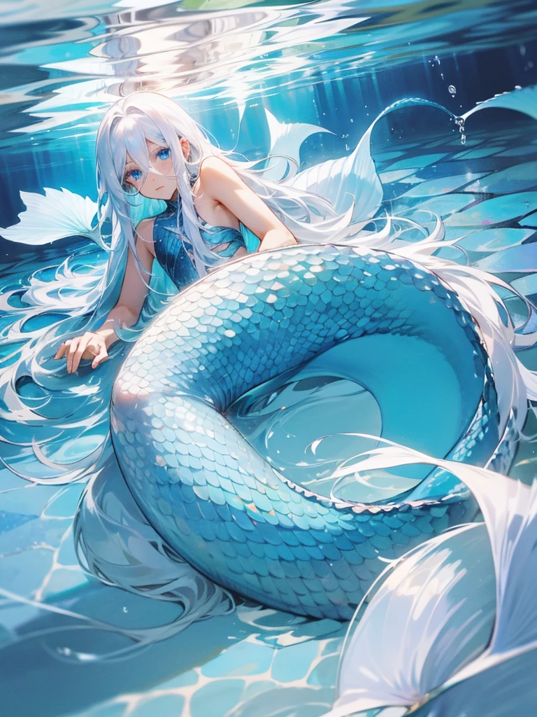 Male, mermaid, fair skin, long white hair, blue eyes, silver fish tail, water surface