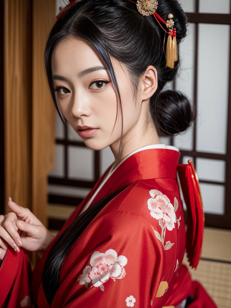 Red kimono, Geisha hairstyle, Japanese Geisha, Photographic portrait of a geisha, Beautiful geisha, Traditional Japan, Japanese skilled geisha, Japanese women, Remarkable traditional geisha costume,