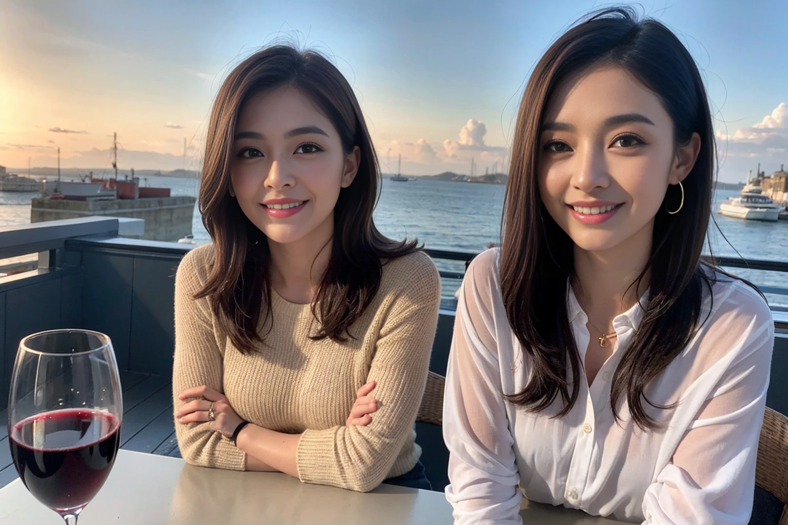 ((Highest quality、8K、masterpiece:1.3))、cute、Slim Couple、Model Couple、The best smile、Happy Smile、45 years old 39 years old、Shortcuts、Upper Body、(Realistic, Intricate details:1.2), Beautiful Model、Beautiful actress, (Brown Hair), (White skin),full-course dinner、Wine Party、Amazing view of the sunset sky and clouds、Sweet eye angle, Ultra HD 8K, Ultra-realistic, photograph, Cinematic, photograph, Wide-angle, Detailed Visuals, 3D Rendering, Soft texture, Realistic, Close up zoom in, (Front view), ((View your viewers)), Perfect corner angle, Thin lips, Natural Beauty, (soft and super White skin), Perfect Skin, (masterpiece), (Beautiful attention to detail), (Makes your face smaller), No makeup, Skinny Wine Bottle、Champagne、sparkling wine、Two beauties、Brown Hair、Shortcuts、Long sleeve shirt、dress、