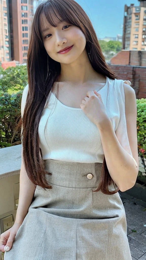 Tabletop, Highest quality, figure, Super detailed, Fine details, High resolution, 8k wallpaper, Perfect dynamic composition, Beautiful attention to detail,Full body photo,Show your whole body、Tank top、mini skirt,Long white hair,Big ample breasts、hugeな胸の谷間, Bold sexy pose,smile,Harajuku、20-year-old girl、huge 、Take a look at the sexy shots of the lens