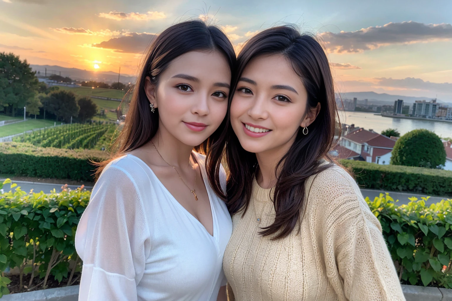 ((Highest quality、8K、masterpiece:1.3))、cute、Slim Couple、Model Couple、The best smile、Happy Smile、45 years old 42 years old、Shortcuts、Upper Body、(Realistic, Intricate details:1.2), Beautiful Model、Beautiful actress, (Brown Hair), (White skin),full-course dinner、Wine Party、Amazing view of the sunset sky and clouds、Sweet eye angle, Ultra HD 8K, Ultra-realistic, photograph, Cinematic, photograph, Wide-angle, Detailed Visuals, 3D Rendering, Soft texture, Realistic, Close up zoom in, (Front view), ((View your viewers)), Perfect corner angle, Thin lips, Natural Beauty, (soft and super White skin), Perfect Skin, (masterpiece), (Beautiful attention to detail), (Makes your face smaller), No makeup, Skinny Wine Bottle、Champagne、sparkling wine、Two beauties、Brown Hair、Shortcuts、Long sleeve shirt、dress、