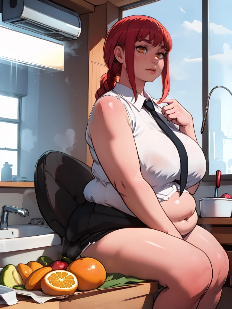 Le personnage Makima de la série animée Chainsaw Man, fragile, obésité morbide, ssbbw, pleine longueur (corps entier 1.1.), fond sombre, obscurité, anatomie correcte 1.1, anatomie correcte de la main, Très féminin, corps gras et rond, grosses Jambes, fesses, beau corps obèse, ventre rond et mou très gras, cheveux roux, Yeux oranges, Cercles rouges pour les écoliers, chemise blanche, jupe noire, cravate noire, pose sexy, réaliste, very détaillé, beau corps, détaillé body, détaillé hands, détaillé, vibrant, détaillé Face, Conception des personnages de Makima. very détaillé, détaillé body, détaillé hands, détaillé Face, Art animé, Hugh Détails, Visage très abattu, détaillé eyes, Illustration ultra fine, Meilleure ombre, détail fin, beautiful détaillé glow, beautiful détaillé, Extraordinairement beau, extremely détaillé, inexpressif, composition épique, Style animé. art animé, Style animé. Jupe noire, chemise blanche, cravatte, pose sexy. Double menton, visage très gras, grosses joues, joues potelées