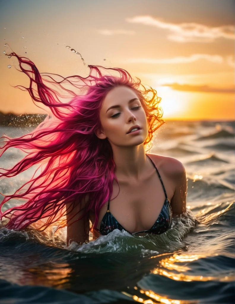 very attractive 25 year old girl with long wavy bright pink hair, english woman in the water, bikini set, look above, hair blowing in the wind, backlit hair flowing, In the water up to her shoulders, hair is flowing, long hair floating, Wet hairไหล, A sunset glow was behind her head., rising from the ocean, hair blowing in the wind, Wet hair, Shake off the water., beautiful picture, very beautiful picture, I float on the water., The feeling of flowing beautifully, Glowing hair flows smoothly., reflection of water drops, The picture is very backlit., The front is dark, the back is bright.