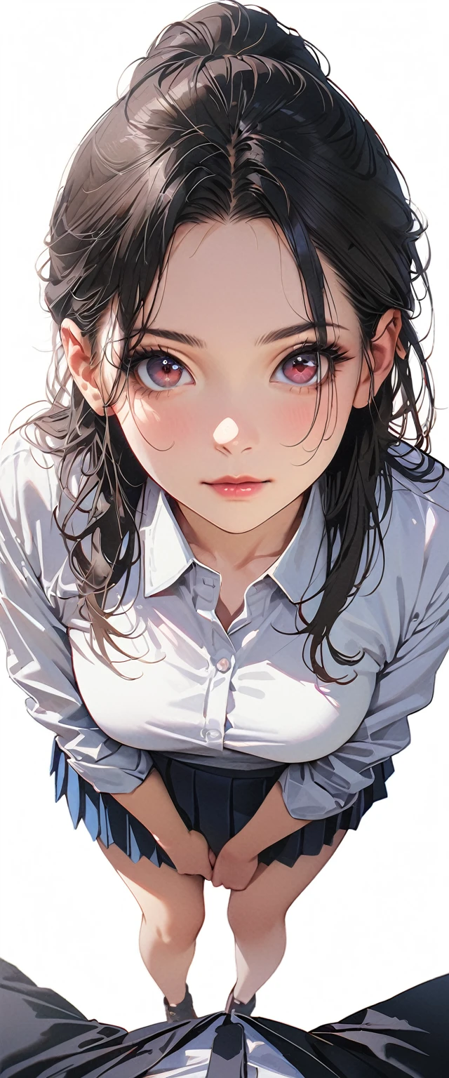 20 years old,1 mature woman,hyperrealistic, 8k, (extremely detailed 8k), (very delicate and beautiful), (masterpiece), (better quality:1.0), (ultra high resolution:1.0), (masterpiece, best quality),cute,black hair,ponytail,POV,full body,white background,realistic skin,collared shirt, pleated skirt,bowlooking at viewer,leaning forward