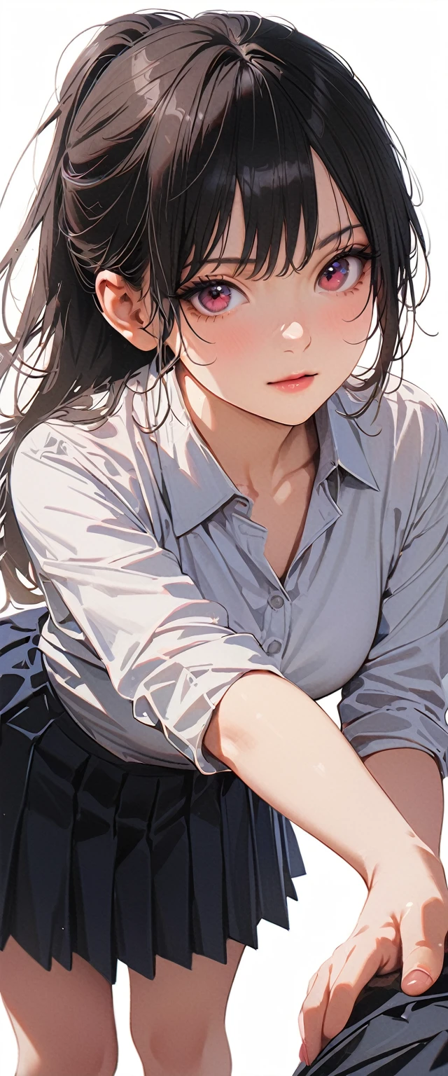 20 years old,1 mature woman,hyperrealistic, 8k, (extremely detailed 8k), (very delicate and beautiful), (masterpiece), (better quality:1.0), (ultra high resolution:1.0), (masterpiece, best quality),cute,black hair,ponytail,POV,full body,white background,realistic skin,collared shirt, pleated skirt,bowlooking at viewer,leaning forward