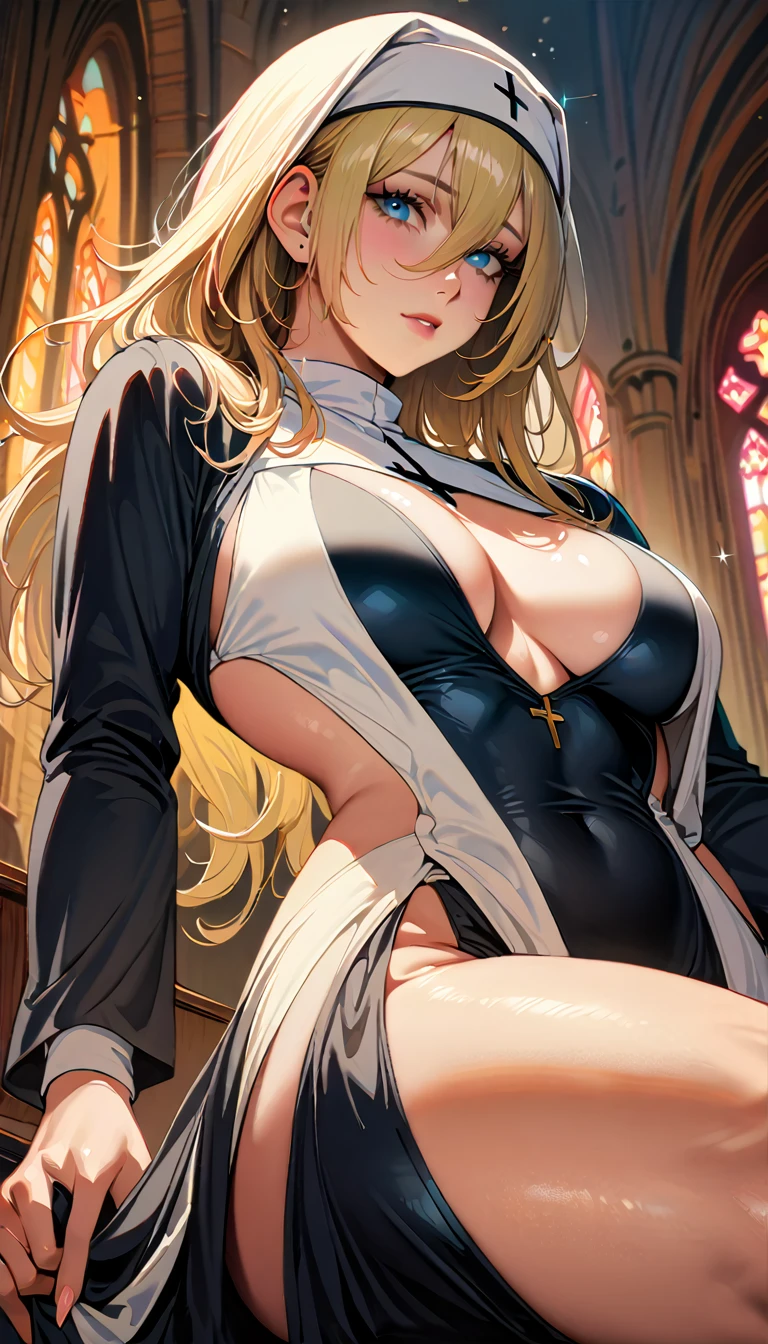 (high quality, 8k, 4K, high contrast, artwork:1.2, high quality, best aesthetics), (dynamic angle), ((1 woman)), erotic, sensual, mature body, super detailed, beautiful face detailed, beautiful eyes detailed, detailed beautiful mouth, perfect breasts, wide thighs, sexy body, blonde hair, long hair, long straight hair, long bangs, blue eyes, sparkle in the eyes, long eyelashes, nun, nun clothes, calm expression, innocent, shy, church.