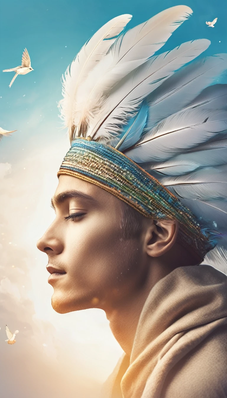 Create a professional, fantastic, cinematic dream-like Youtube Banner for a brand about music, stories, fantasy and dreams called " Penamemoria". Masterpiece, 4k, sharp focus, highest quality,wide shot. The title is " Penamemoria". Is a brand about the creative, unique journey of a boy into becoming a musician storyteller. In his journey he finds inspiration in a world of birds and feathers. Minimalistic, simple, poetic, dreamy logotype at the center of the image. The Background image is a world full of fantastic feathers, unique birds, light blue sky, soft white and light golden. Logo design of a face of a boy and a face of a feather