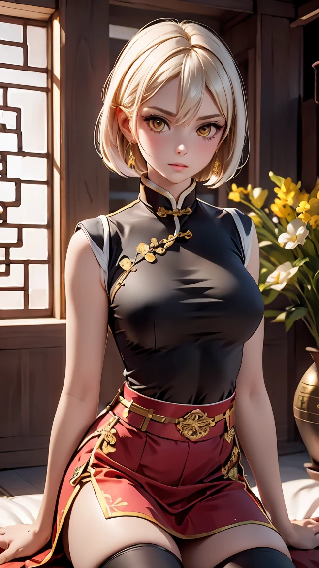 A very beautiful 19-year-old woman, (white hair:0,5), bob haircut, short hair, (yellow eyes:0.5) bright golden eyes, red nails, young beautiful face, muscular, slim but well-proportioned body, perfect white skin, highly detailed drawing, realistic face. (((Wearing traditional Chinese imperial clothes black With gold details:0,8))) ((red skirt with contour golden,)) (with red Hanafuda earrings,) (garterbelt black thigh-high socks.) Kneeling on a white bed in an ancient Chinese room, with a full moon and stars visible through the window, with light flashes reflecting on her body. 4k anime art, perfect lighting.