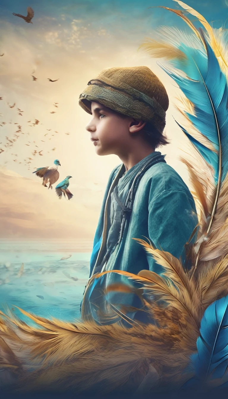 Create a professional, fantastic, cinematic dream-like Youtube Banner for a brand about music, stories, fantasy and dreams called " Penamemoria". Masterpiece, 4k, sharp focus, highest quality,wide shot. The title is " Penamemoria". Is a brand about the creative, unique journey of a boy into becoming a musician storyteller. In his journey he finds inspiration in a world of birds and feathers. Minimalistic, simple, poetic, dreamy logotype at the center of the image. The Background image is a world full of fantastic feathers, unique birds, light blue sky, soft white and light golden. Logo design of a face of a boy and a face of a feather