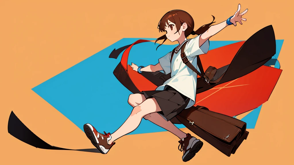 Generate a full-body photo, virtual anchor style, front view. Simple background. Single ponytail, brown hair style, brown eyes, carrying an old school bag on both shoulders, white short sleeves, sneakers, and a band-aid on his arm.