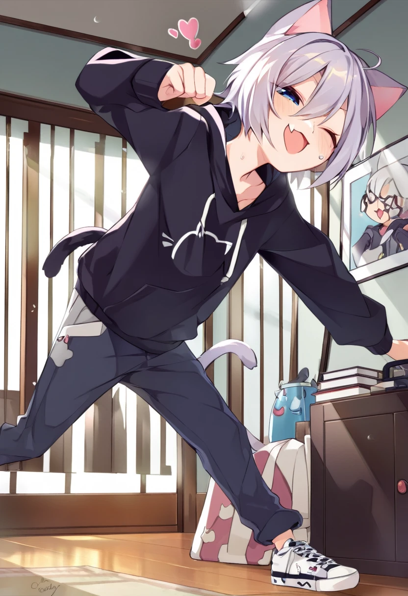 oe boy, cat hoodie, cute, cool, cheerful, lovely, clumsy