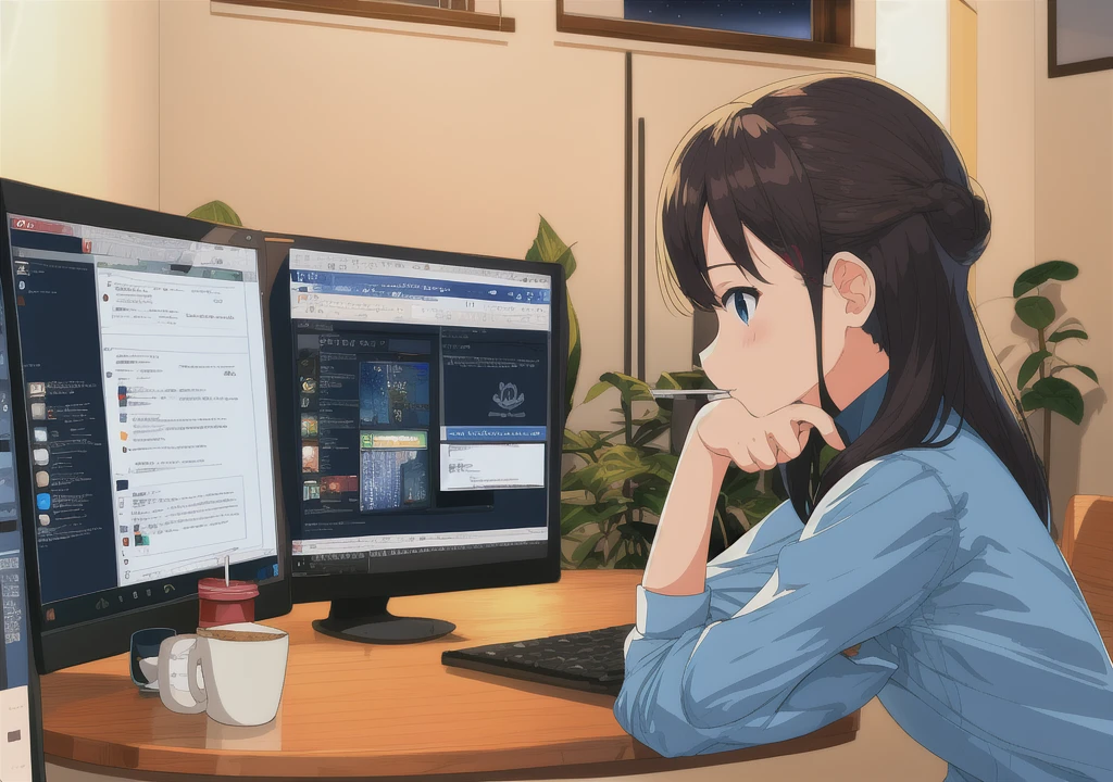 Night room,A girl drinking coffee and using a computer,