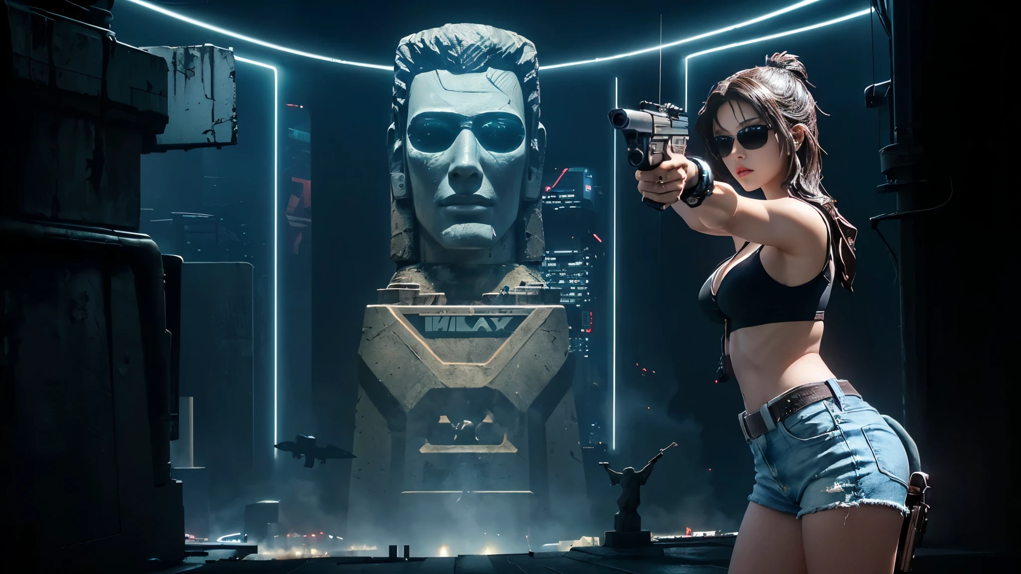 At night, dark sky, aerial view of fantasy cyberpunk style Moai-statue city, ((flying vehicle)). ((1girl, solo, alone)), photo realistic, medium-breast:1.1 slim body, cleavage, sexy clothes, (black sunglasses), (((hip-up standing and pistol aiming pose))), half-body thigh level medium shot, cinematic lighting.