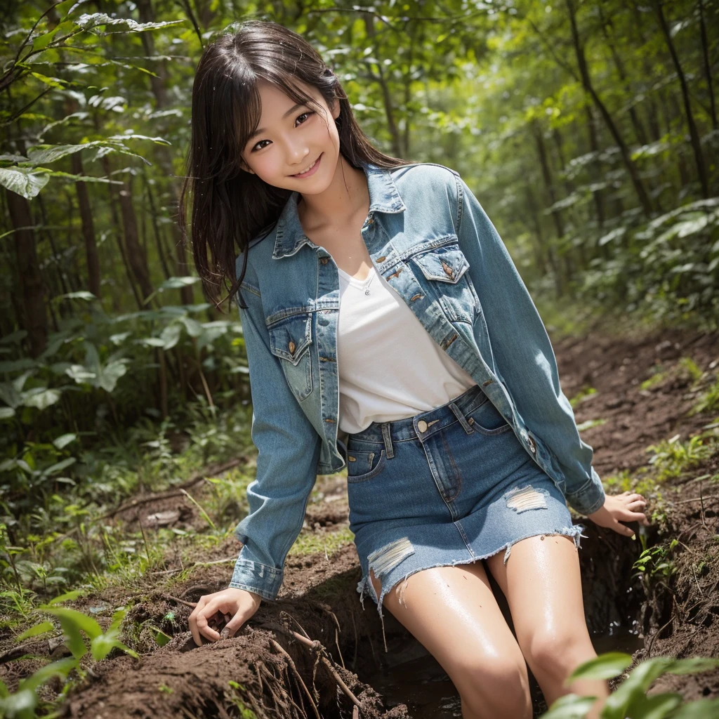One girl, ,smile, High-resolution images, Asian,Buttoned up,Wearing a long-sleeved denim shirt and denim skirt, Playing in the mud and getting your clothes dirty,Muddy jeans,Soaked clothes,Covered in mud,Gets wet and sticks,Dirty clothes,Being covered in mud,green mud,Muddy,captured in the style of a magical forest arツーork., (masterpiece, Highest quality, Official Art,Intricate details:1.2)