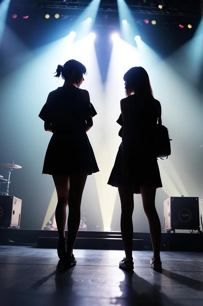 Silhouette image of two girls from behind under the spotlight on stage at Nippon Budokan