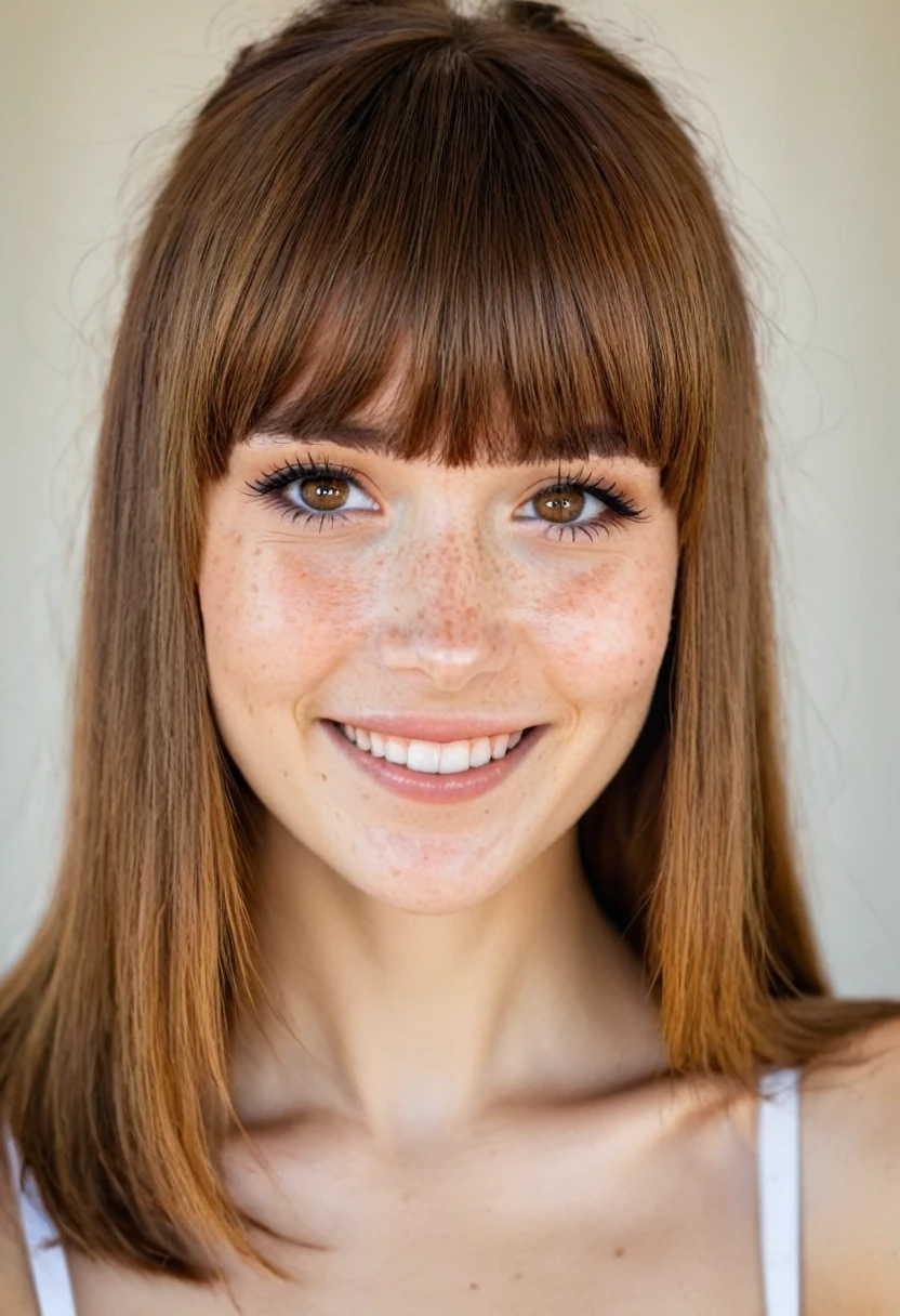 pretty, (freckle), A bright smile, Brown Hazel Eyes, Full bangs, Dark Makeup, Ultra-fine photography, Soft Light, Head and shoulders portrait, cover