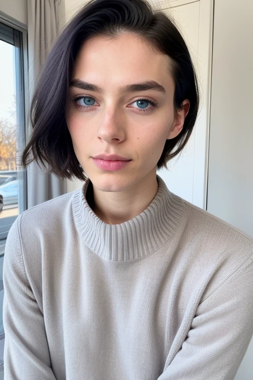 beautiful man of 27 years old with blue eyes, very feminine, androgynous, femboy, looking directly at the camera, with a natural makeup, very realistic, instagram selfie, at home, flat chest, tight sweater tucked into high-waist jeans, film grain, trans