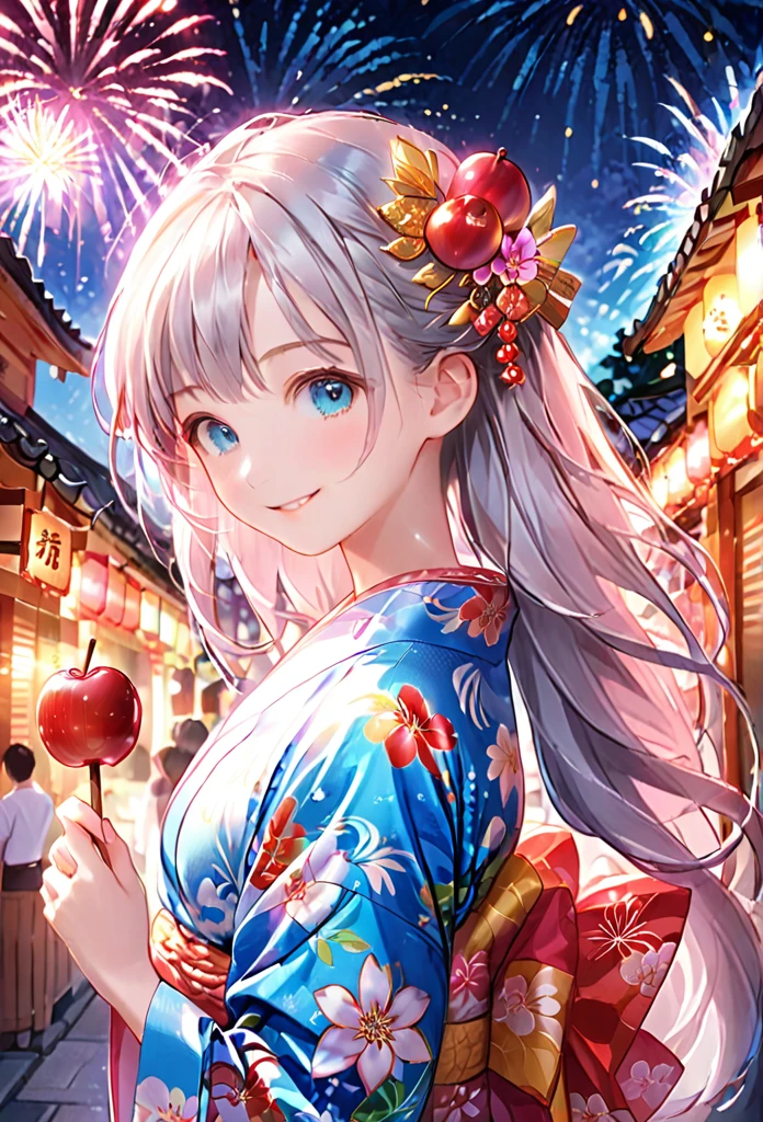 (masterpiece:1.2),Anime Cute Girl、cute、silver Hair、Long Hair、Half Up、hair ornaments、Beautiful blue eyes、Red eyeliner、Girl wearing yukata、Yukata with bright floral pattern、Pink Yukata、Short length、smile、((Holding a candy apple in her hand)),Night stalls、Night Festival、(((background、Fireworks)))、Festivals、summer night、Light production、Beautiful artwork、Detailed drawing、A Scene of Youth、Fisheye Lens、Close-up,Pale colors