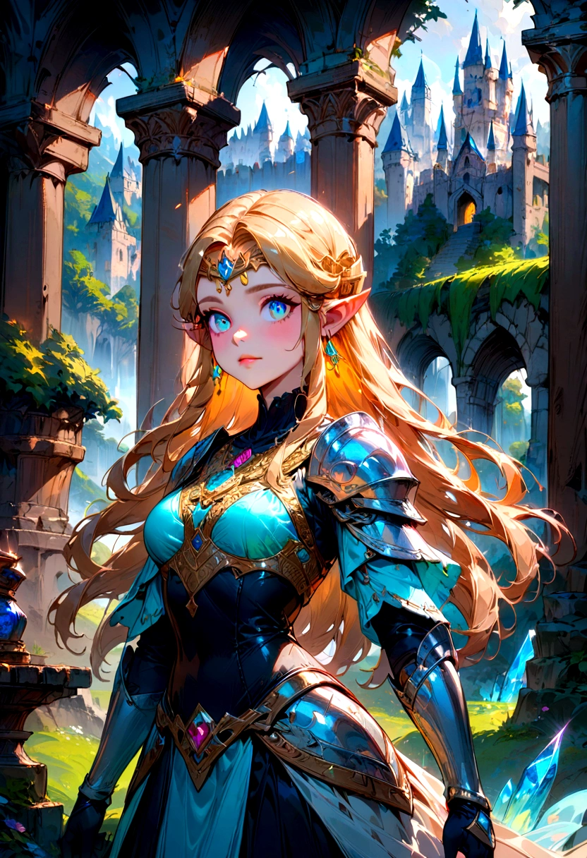 1girl, Princess Zelda, The Legend of Zelda, A highly detailed fantasy landscape,rolling hills,lush forests,medieval castle,ancient ruins,glowing magical crystals,dramatic lighting,epic adventure,beautiful detailed eyes,extremely detailed face and intricate outfit,stunning digital art,cinematic composition,vibrant colors,dramatic lighting,fantasy art,concept art,ultra-detailed,8k,professional, masterpiece, best quality, very aesthetic, absurdres
