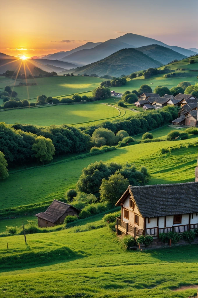 The village is green and the sun is rising in the morning