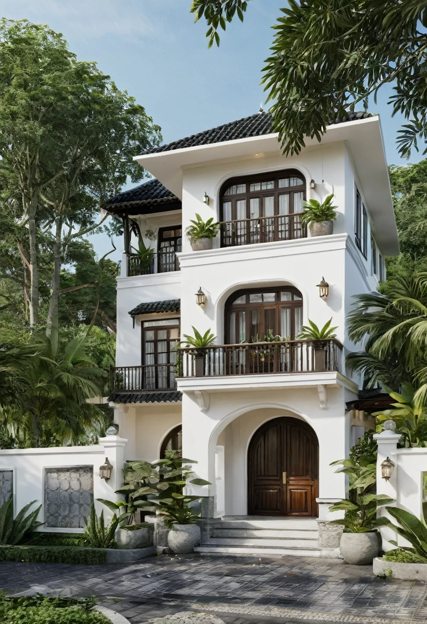 Render a small 3-story Indochine-style villa in a serene setting. The villa's exterior is painted in a simple, elegant white, with traditional Indochine architectural elements such as arched windows, wooden shutters, and decorative railings. The roof features a two-sided sloping design similar to the houses in Hoi An, with the slopes running front to back, contrasting beautifully with the white walls. Lush greenery surrounds the villa, with a well-manicured garden featuring tropical plants and a cobblestone pathway leading to the entrance. The front porch has classic wooden furniture and lanterns, evoking a sense of timeless elegance. The lighting highlights the villa's sophisticated design and harmonious blend of traditional and modern elements.

8k resolution, UHD, high-quality detail, Indochine style, white exterior, arched windows, wooden shutters, decorative railings, two-sided sloping roof, Hoi An style, lush greenery, manicured garden, cobblestone pathway, classic wooden furniture, lanterns, harmonious blend of traditional and modern elements, sophisticated design, serene setting, attracted lighting, real sunlight
