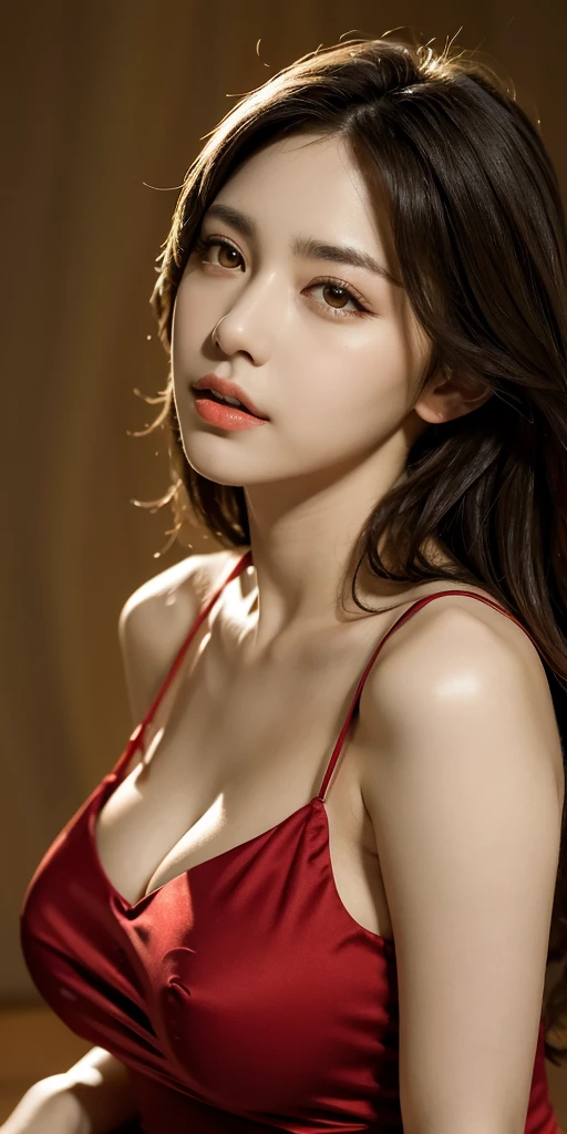 masterpiece, highres, best quality, highly detailed, wallpaper, painterly, brush strokes, pointy ears, yellow eyes, slit pupils, beautiful woman, large , red dress