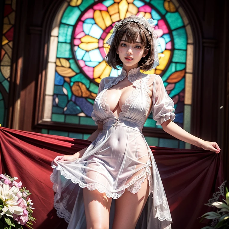 (from Below:1.28), White and Blood Red, (Masterpiece 8K TopQuality:1.2) (ProfessionalPhoto:1.37) ExtremelyDetailed (((FullBody, KAWAII girl with HUGE :1.37)) in (WHITE Lace Wedding MiniDress:1.28)) detailed (Delicate Lace textures), (Detailed(Distant Elaborate Full Stainedglass Background:1.37) (Tyndall Effect) (Oodles Dazzling NeonColor Particles:1.32)) BREAK ((ZoomLayer, BokeH))PerfectLighting, (((NOGIZAKA FaceVariations))), Extremely Detailed (very KAWAII Face), ChildaptivatingGaze Stunning ParfectEyes ElaboratePupils with (SparklingHighlights:1.28), Radiant PearlSkin with Transparency . { (Dynamic Joyful expressions LifeLike Rendering:1.4) | (:d) }, (Acutance:0.8) .