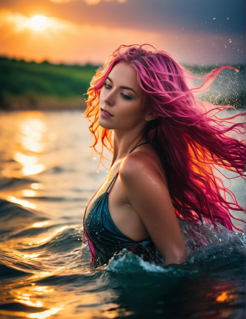 very attractive 25 year old girl with long wavy bright pink hair, english woman in the water, bikini set, look above, hair blowing in the wind, backlit hair flowing, In the water up to her shoulders, hair is flowing, long hair floating, Wet hairไหล, A sunset glow was behind her head., rising from the ocean, hair blowing in the wind, Wet hair, Shake off the water., beautiful picture, very beautiful picture, I float on the water., The feeling of flowing beautifully, Glowing hair flows smoothly., reflection of water drops, The picture is very backlit., The front is dark, the back is bright.