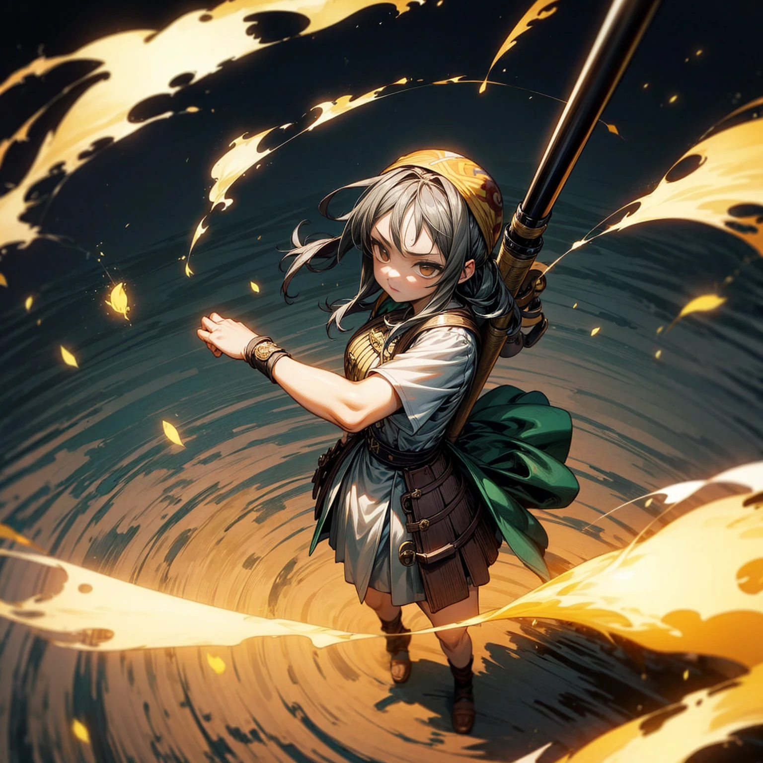 1girl, Full body version, 1character, adult version, gold eyes color, long haircut, (black color hair), bandana, medieval style clothing, bazooka in hand, Grassroots, full background in field forest, motion blur, smoke effect, lighting bazooka, fire, Fire lighting, (Hunter x Hunter style), standing gesture, plasma effect, aura effect, high angle view 