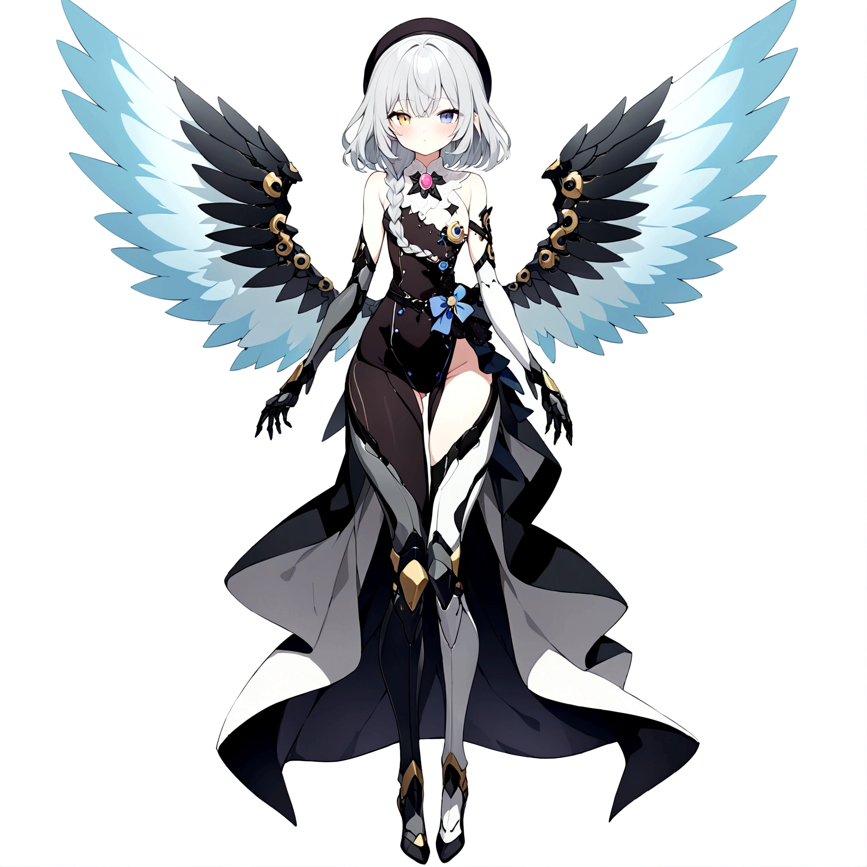 woman 160 cm tall, slim build, . (character design sheet: front view). (Short Gray Wavy Shoulder Length Hair, He has a medium braid on the left side of his hair on his chest., He has a large lock of hair on the left side of his hair., She has a moon brooch on the left side of her hair.). She has a black French beret with a crystal star brooch.. (heterochromia: Light green right eye and yellow left eye.). Intricate One-Piece Low-Rise Thigh-Length Dress, He has an elegant black belt on his hip., He has a huge complex rose brooch in the middle of his chest.. It has intricate stilettos. (Has complex mechanical legs that reach up to the thighs., black with small gray details.). (It has black complex mechanical arms with small gray details.). It has complex mechanical wings on its back that are light blue and white.. Beautiful extremely detailed wings. beautiful detailed hair, beautiful detailed dress. extremely detailed arms. extremely detailed face, small face, Beautiful detailed eyes, beautiful detailed lips. adorable. extremely detailed legs. (Best Quality, 4k, 8k, high resolution), ultra detailed, Exquisite and epic character art.