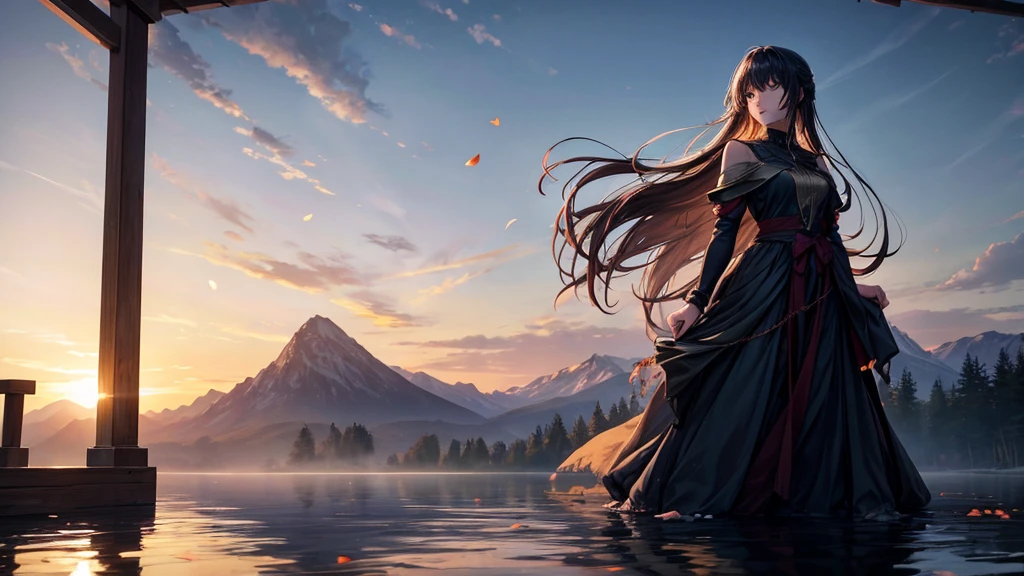 An anime girl standing prominently at the edge of a tranquil lake at dawn, with the first light of morning reflecting off the calm water. She is in the foreground, her expression a mix of sorrow and determination clearly visible. In her hands, she holds a delicate, broken mask, symbolizing the lies and deceit she has uncovered. The background shows a serene landscape with mist rising from the lake, trees silhouetted against the early morning sky, and distant mountains just beginning to catch the light of the rising sun. Around her feet, there are scattered petals and torn pages, remnants of the false promises and stories she has left behind. The overall mood is one of quiet strength and new beginnings, with soft, natural lighting highlighting her figure and the emotional transition from darkness to hope.
