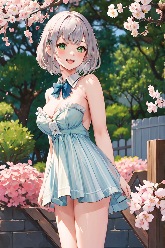 masterpiece, best quality, ffnoel, short hair, x hair ornament, green eyes, blue bowtie,smile, outdoors, cherry blossoms, standing, cowboy shot, open mouth,nude,nude,cowgirl sex