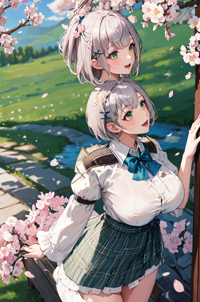 masterpiece, best quality, ffnoel, short hair, x hair ornament, green eyes, blue bowtie,smile, outdoors, cherry blossoms, standing, cowboy shot, open mouth,nude,nude,cowgirl sex