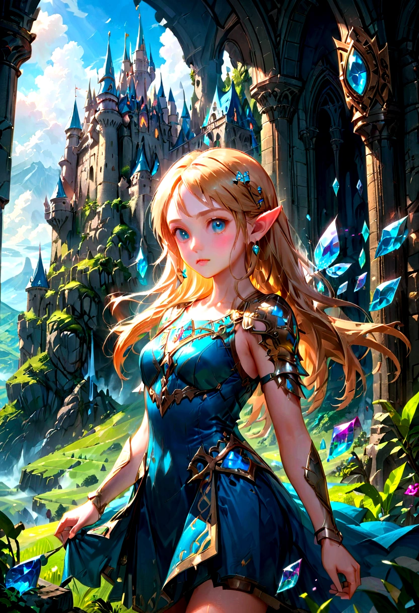 1girl, Princess Zelda, The Legend of Zelda, A highly detailed fantasy landscape,rolling hills,lush forests,medieval castle,ancient ruins,glowing magical crystals,dramatic lighting,epic adventure,beautiful detailed eyes,extremely detailed face and intricate outfit,stunning digital art,cinematic composition,vibrant colors,dramatic lighting,fantasy art,concept art,ultra-detailed,8k,professional, masterpiece, best quality, very aesthetic, absurdres