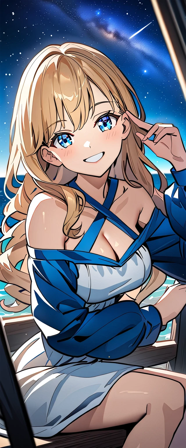 ((grin)), jumping, Eyeshadow, False eyelashes, ((off-shoulder dress:1.3, criss-cross halter)), ((white sundress)), ((cleavage)), ((blond hair, hair extensions, streak)), ((sunglasses, hand to sunglasses)), (((from side))), ((((upper body)))), bare legs, (()), (((a beautiful starry sky, the Milky Way shining beautifully in the night))), ((on the very high cliff)), wavy hair, inward curled hair, ((sea, nature)), breasts, ager, (looking at viewer), puffy long sleeves, collarbone, head tilt:1.3, (((blue eyes))), happy smile, (((anime style))), (best quality, 4K, 8K, highres, masterpiece:1.2, ultra-detailed, ultra-detailed eyes, HDR, uhd, studio lighting, ultra-fine painting, sharp focus, physically-based rendering, extreme detail description, professional, vivid colors, bokeh)