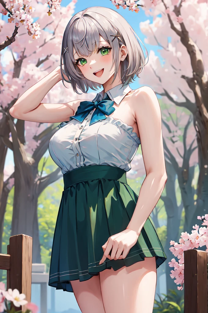 masterpiece, best quality, ffnoel, short hair, x hair ornament, green eyes, blue bowtie,smile, outdoors, cherry blossoms, standing, cowboy shot, open mouth,nude,nude,cowgirl sex